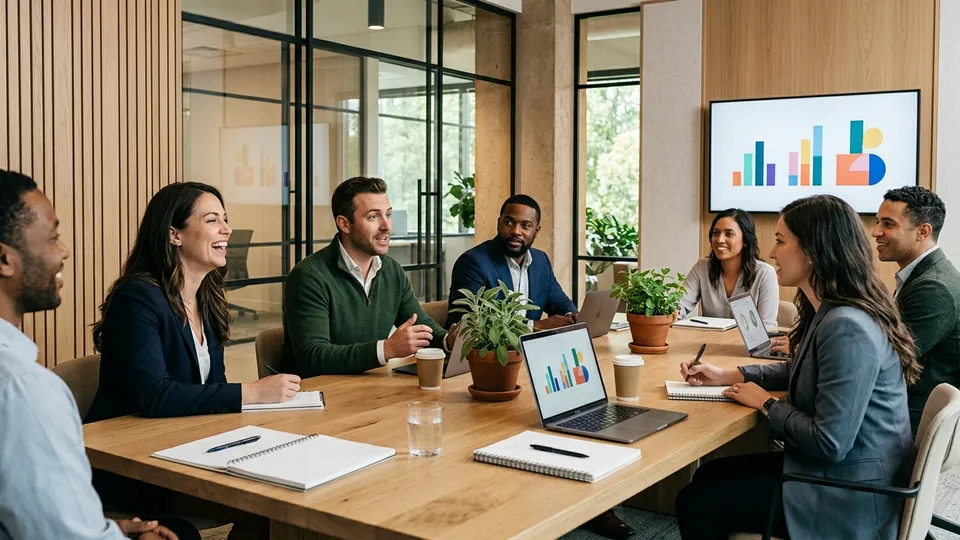 Healthcare leadership team and Divergent Digital strategists kicking off a 90-day growth plan in a sunlit conference room.