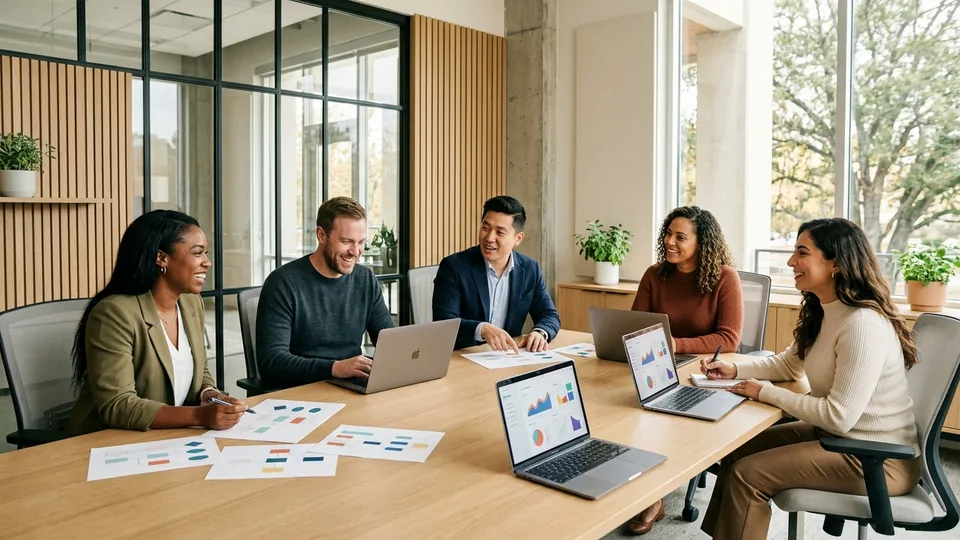 Connected marketing, creative, and admissions specialists collaborating around a 90-day healthcare growth roadmap.