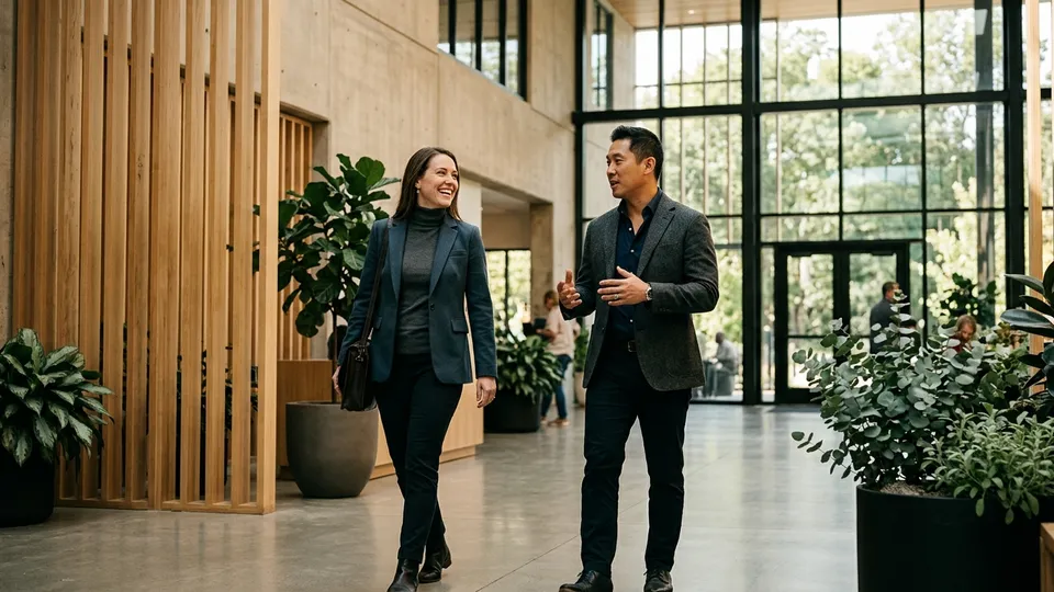 Clinical director and healthcare operations executive walking through a sunlit modern care center architectural atrium.
