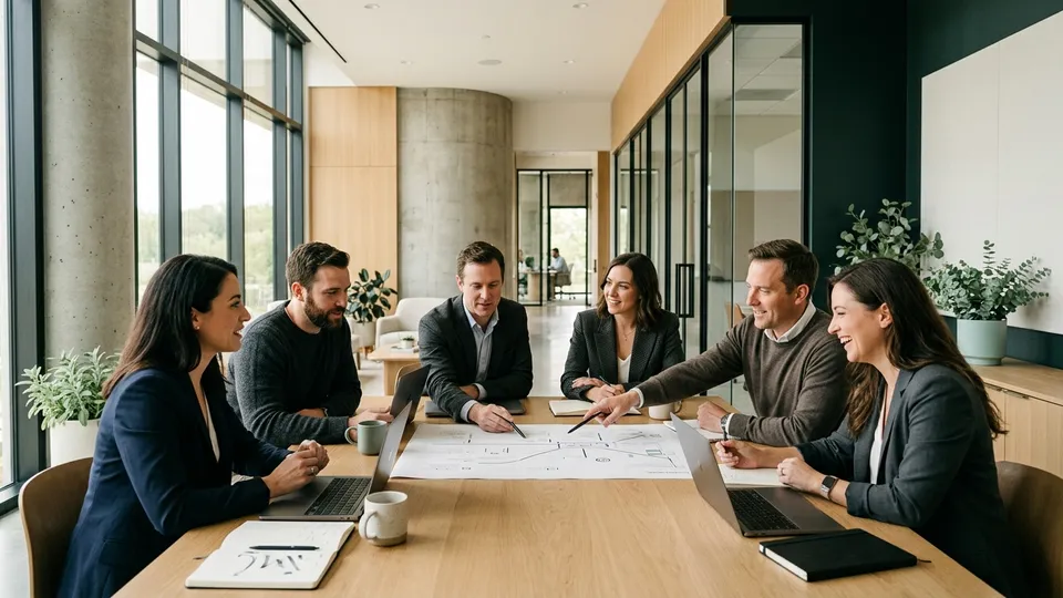 Healthcare executives and Divergent Digital strategists reviewing a unified 90-day performance marketing growth plan.