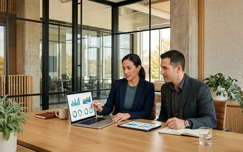 Healthcare executives reviewing cost-per-admission and call-tracking attribution dashboards in a glass conference room.
